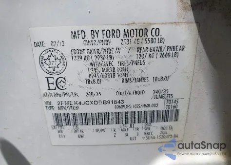 2013 Ford Edge Sel z USA, uszkodzony, nr VIN 2FMDK4JCXDBB91843